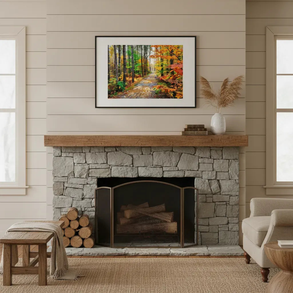 "Colors of Bromont" Tranquil Pathway Through Fall Foliage - Art Print Framed Options