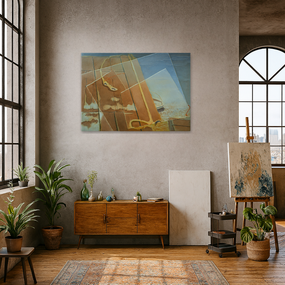 Modern interior with abstract art on the wall, wooden cabinet, and plants.