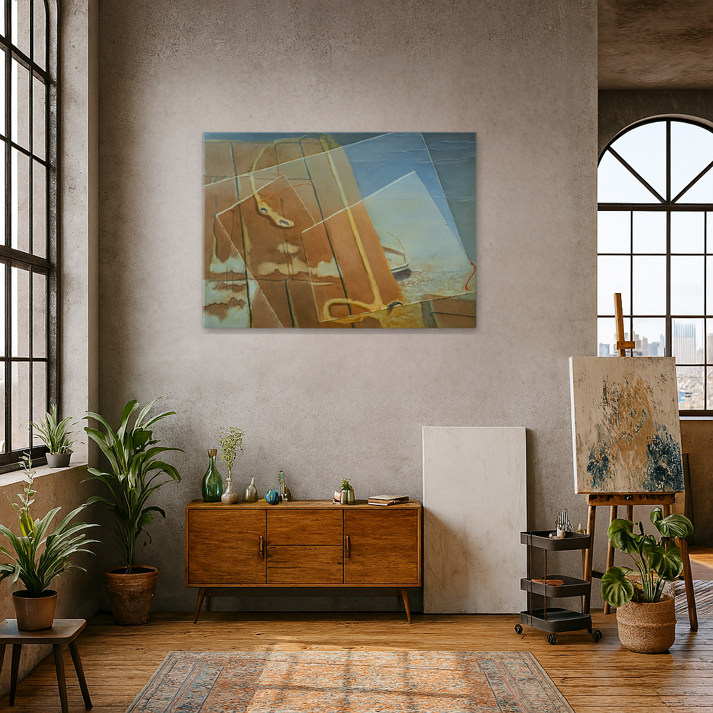 Modern interior with abstract art on the wall, wooden cabinet, and plants.