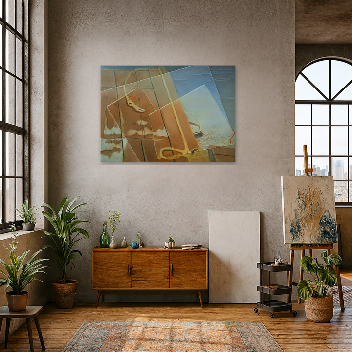 Modern interior with abstract art on the wall, wooden cabinet, and plants.