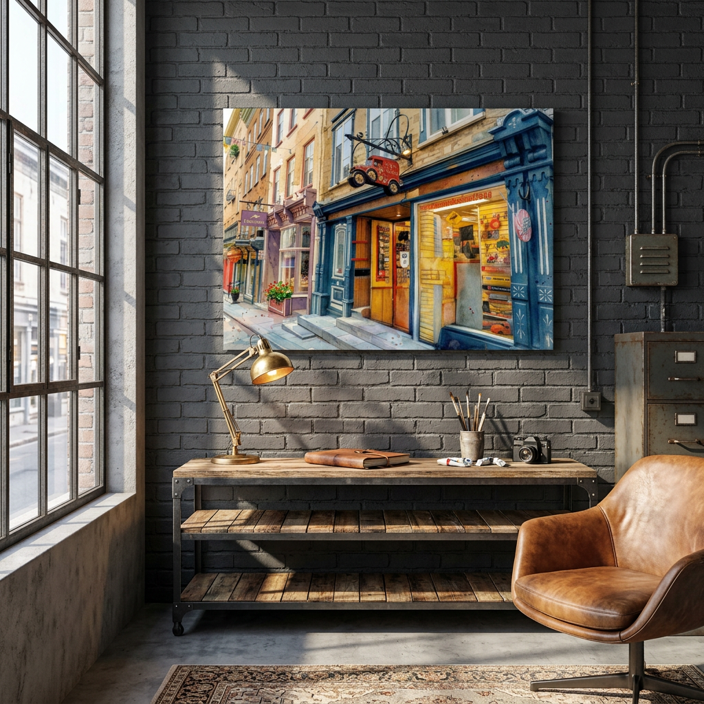 Modern office space with a brick wall, large window, and decorative painting - Studio Shefford