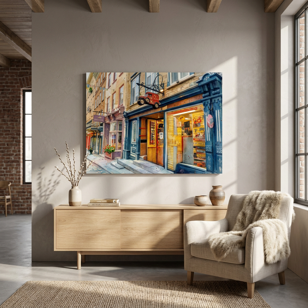 Modern living room with a painting of a Quebec city street on the wall, a wooden sideboard, and a chair with a blanket - Studio Shefford