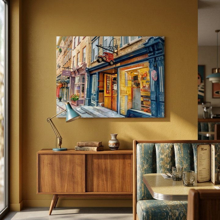 Living room with a painting of a street scene on the wall, wooden sideboard, and armchair - - Studio Shefford