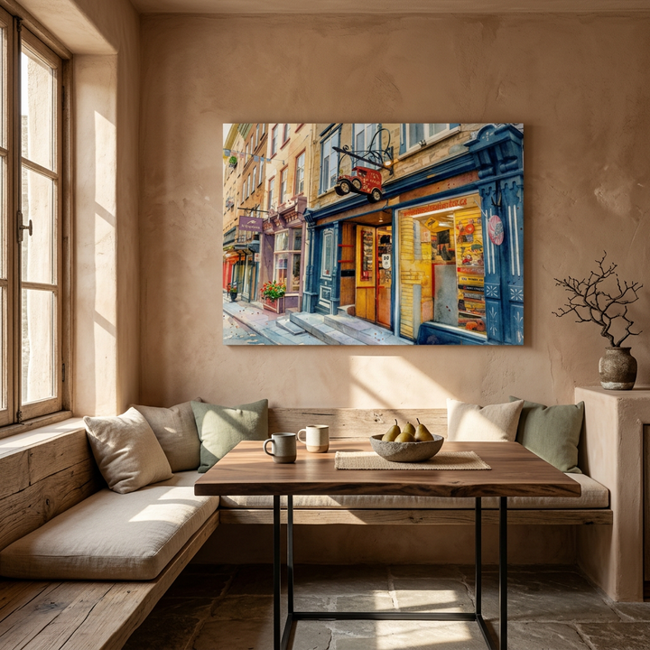 Living room with a painting of a street scene on the wall, wooden table, and seating area - Studio Shefford