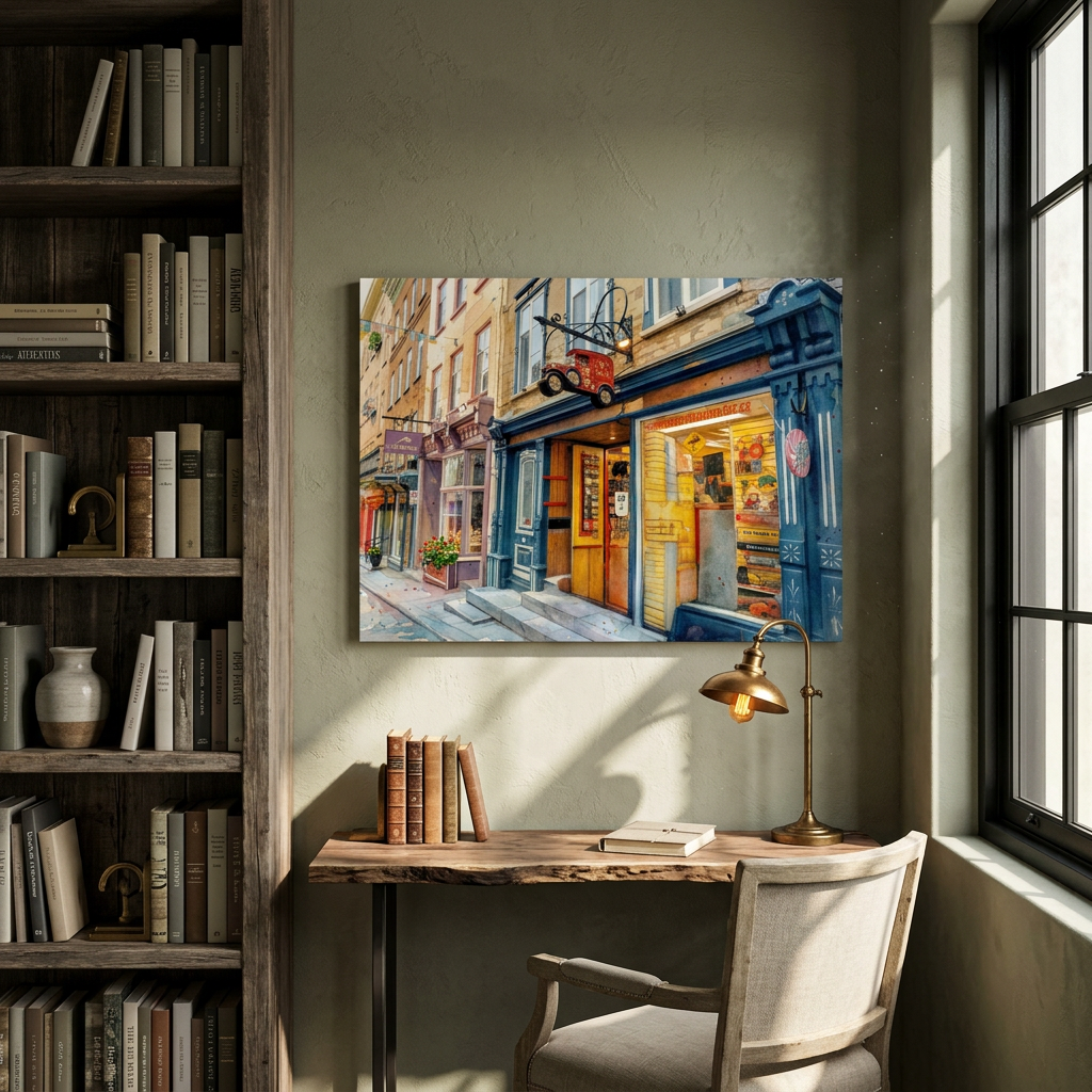 Decorative painting of a city street on a wall above a wooden desk with books and a lamp - Studio Shefford