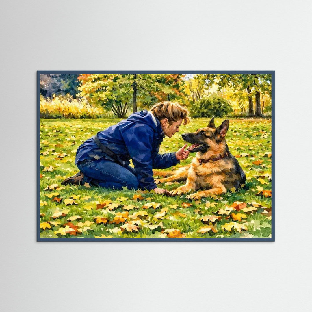 Autumn Moment with Beloved German Shepherd - Fine Art Framed Options