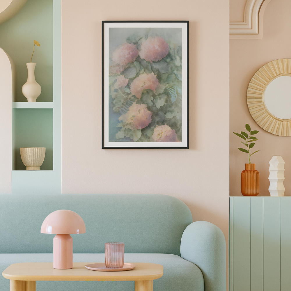 Living room interior with a green sofa, pink lamp, and floral artwork on the wall.