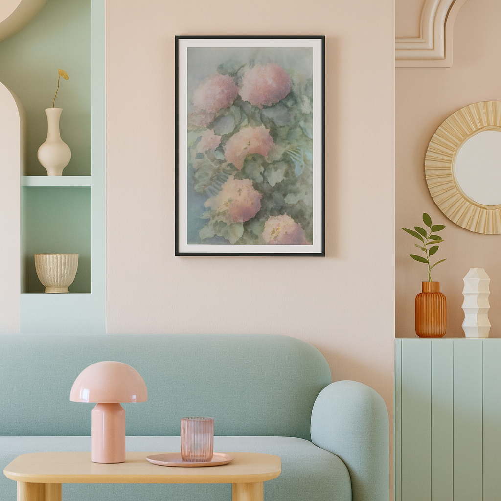 Living room interior with a green sofa, pink lamp, and floral artwork on the wall.