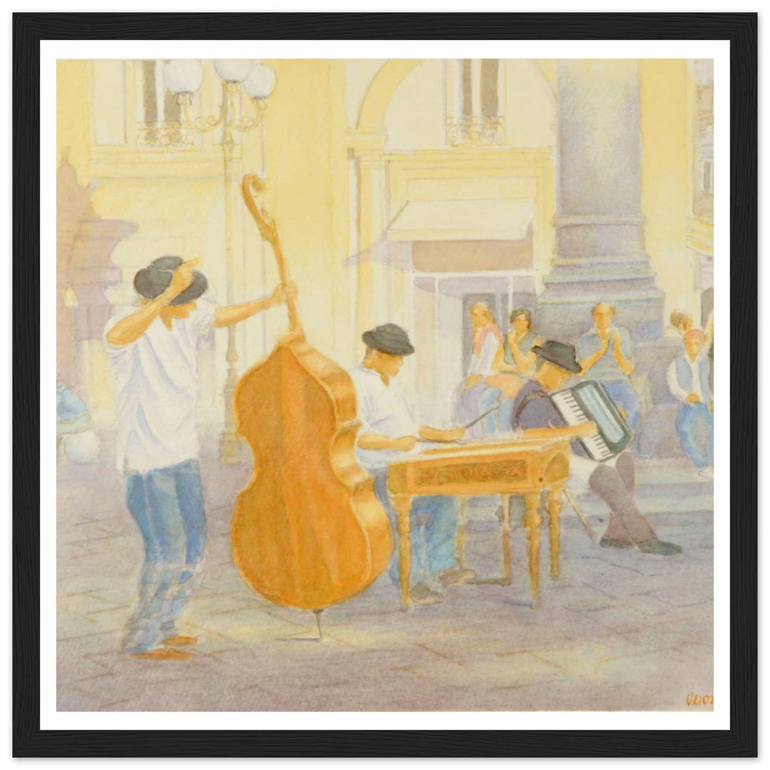 "Under the Column of Abundance" Vibrant Street Performance Watercolor by Veronique Semple - Watercolor wall art print