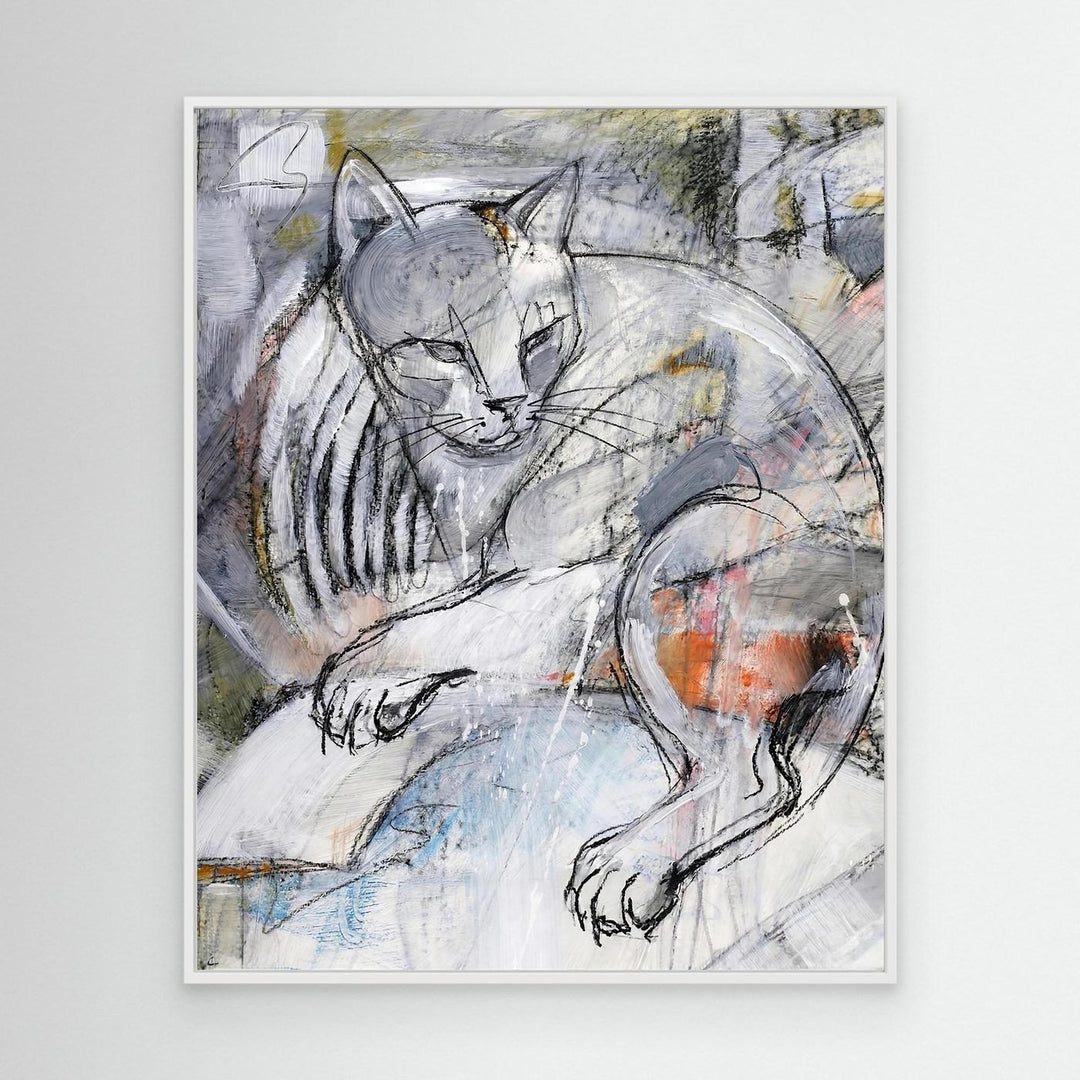 Modern Expressionist Grey Cat Sketch Wall Art Print - Canvas Framed Options