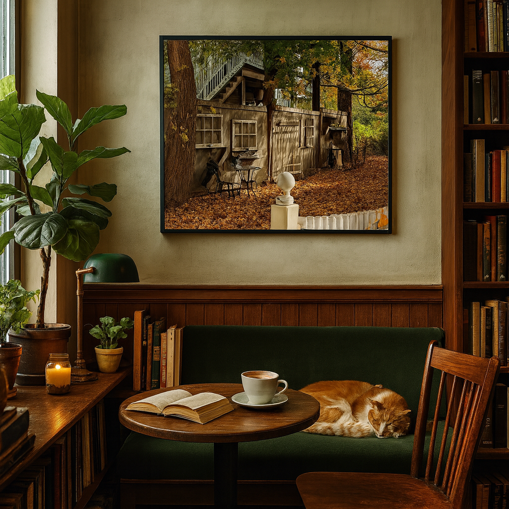 cozy book store coffee shop with sleeping orange cat and fall photography