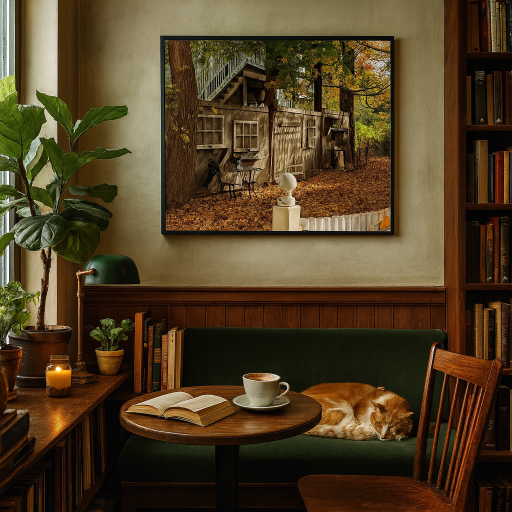 cozy book store coffee shop with sleeping orange cat and fall photography