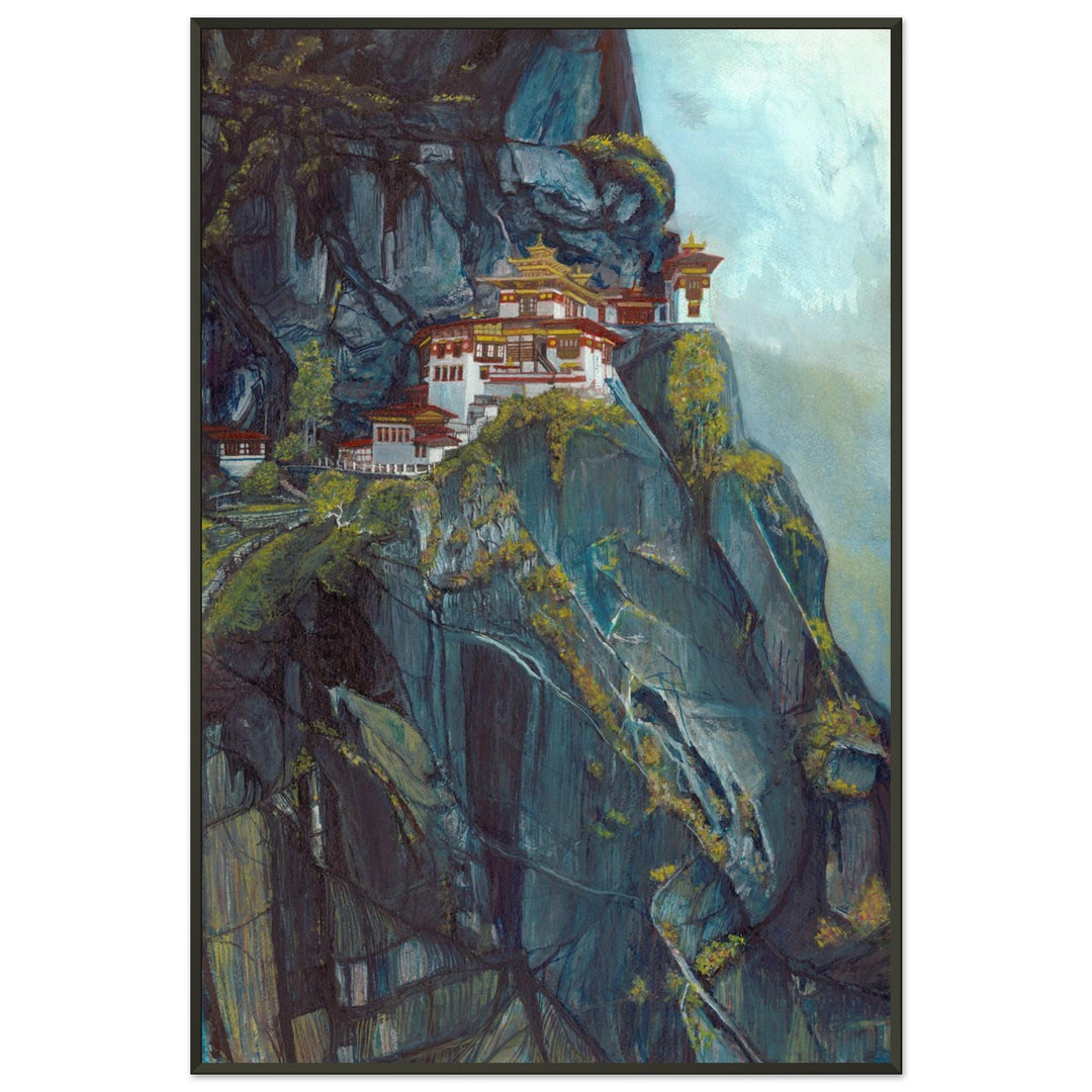 Majestic Heights: Watercolor of Taktsang Monastery by Andrew Semple - Watercolor landscape painting print for home decor