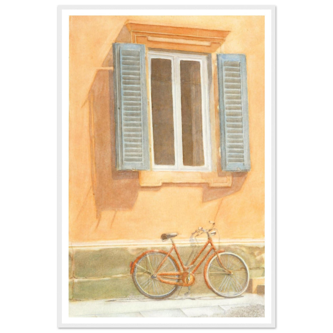"Midday Break" Charming Bicycle Against Wall in Italy Warm Watercolor by Veronique Semple - Watercolor wall art print