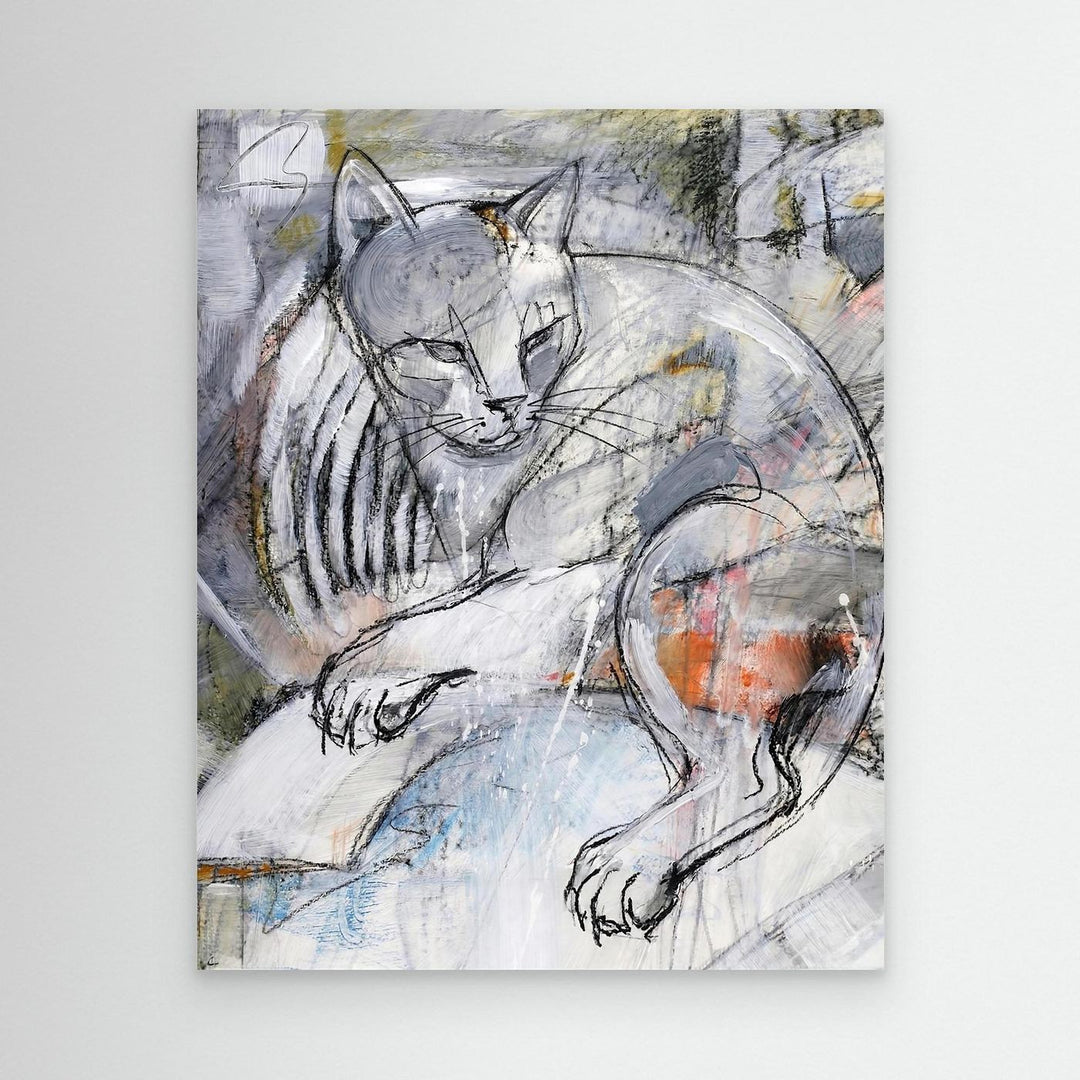 Modern Expressionist Grey Cat Sketch Wall Art Print - Canvas Framed Options