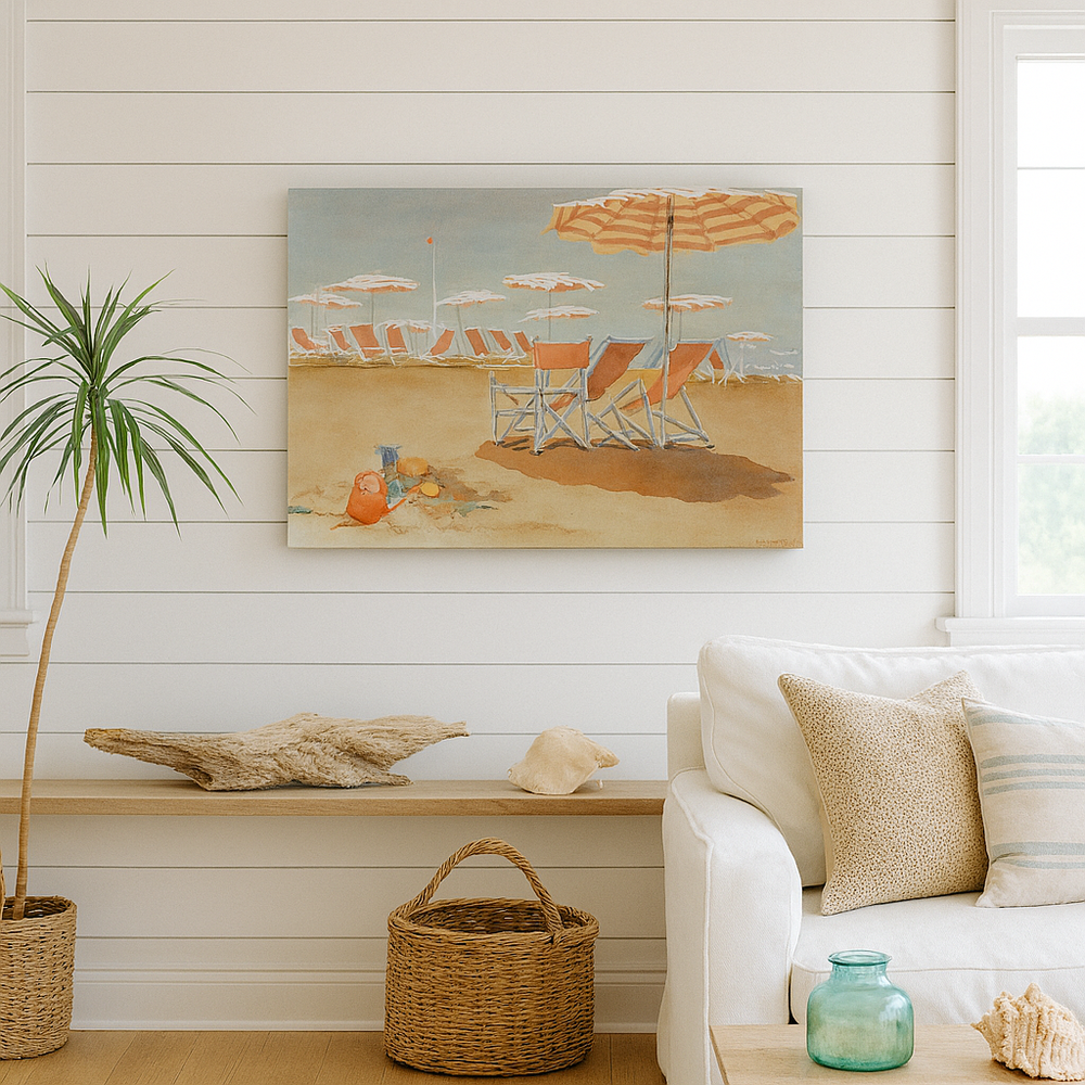 A Nantucket summer home with beach decor and a beautiful beach-inspired painting 