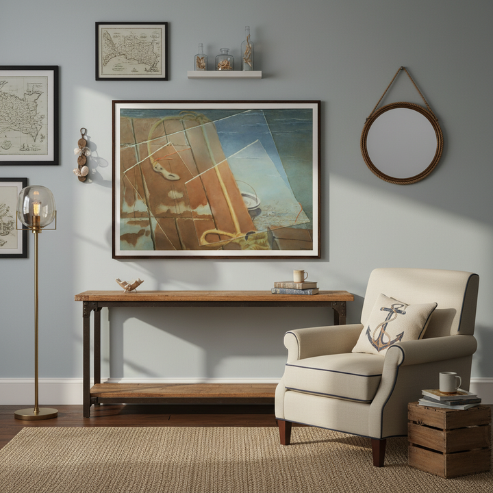 Living room with beige armchair, wooden console table, and framed abstract artwork on a gray wall - Bromont Media