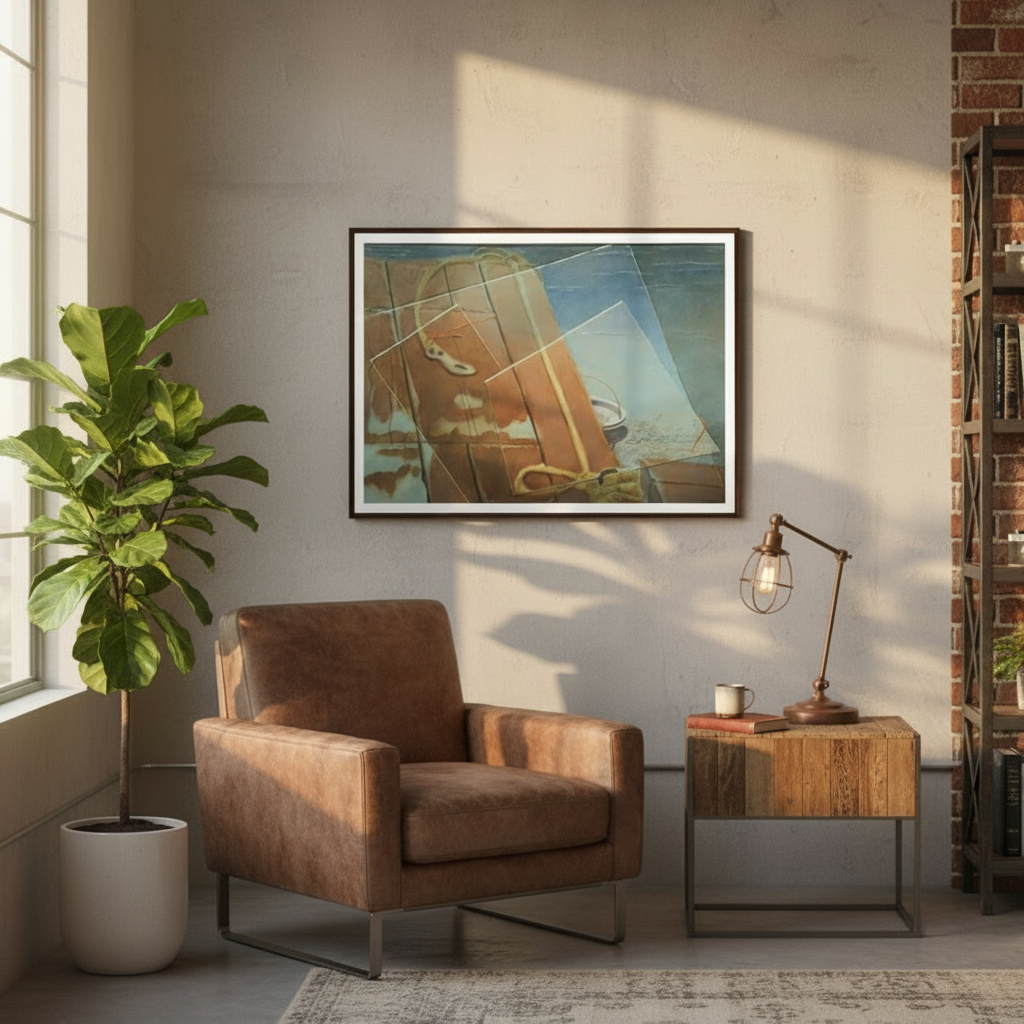 Cozy living room with a brown armchair, a wooden side table, and a framed artwork on the wall by Veronique Semple