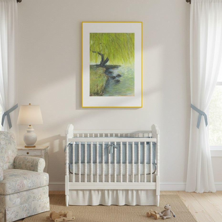 Nursery room with a white crib, floral chair, and framed artwork on the wall.