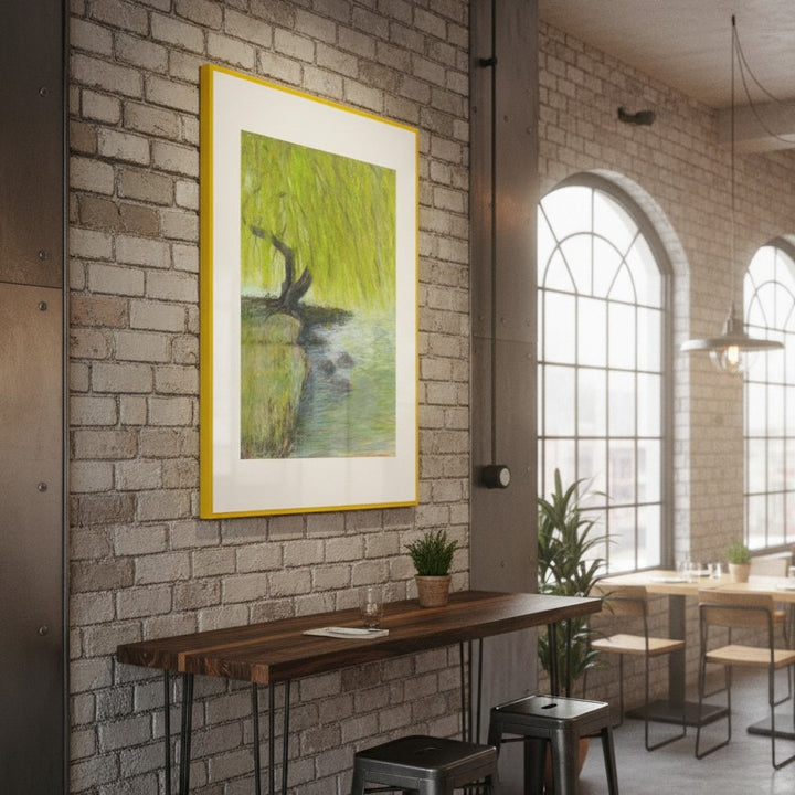 Artistic depiction of a tree in a pond on a brick wall with a modern interior setting - Bromont Media