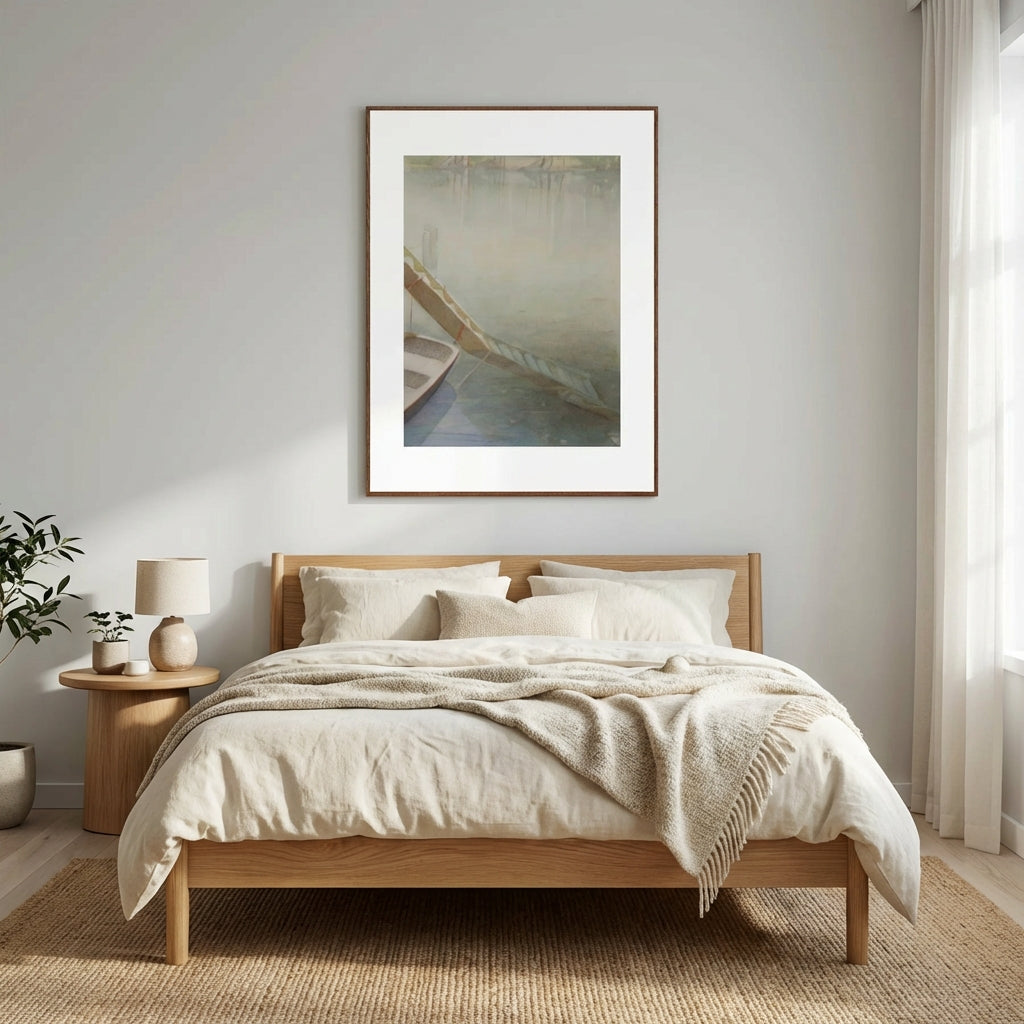 Bedroom with wooden bed, beige bedding, and framed artwork on the wall.