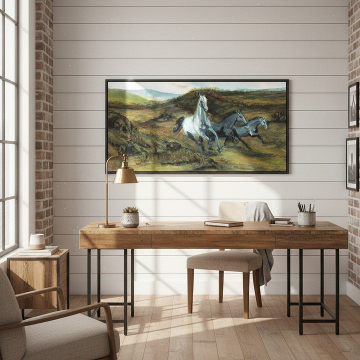 Modern home office with wooden desk, chair, and wall art of horses running - Bromont Media