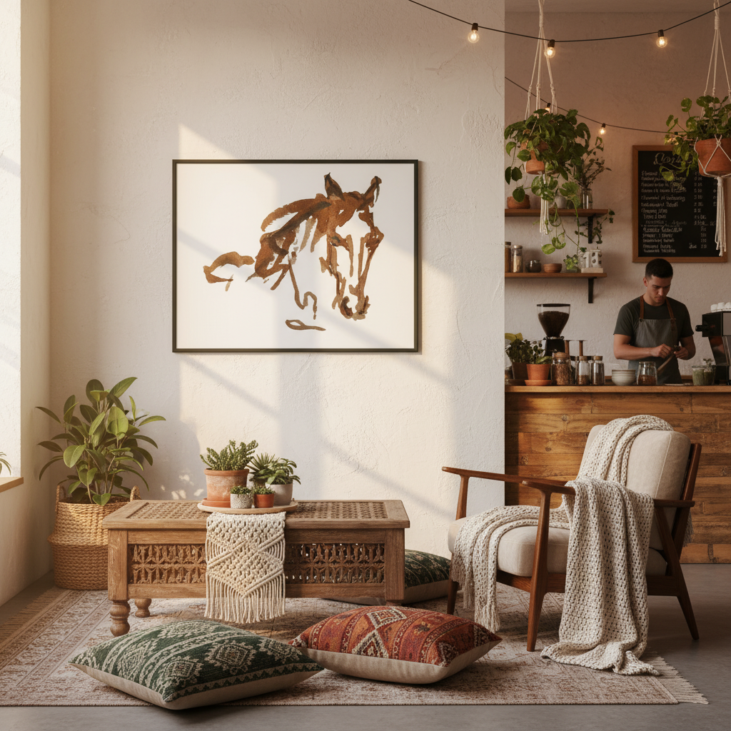 Cozy cafe with a horse painting on the wall, wooden furniture, and decorative pillows.