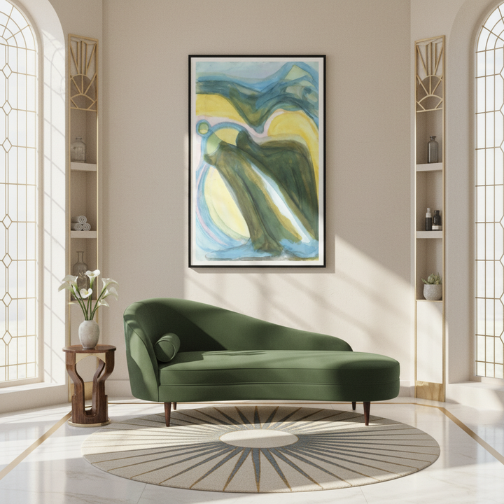 Modern living room with a green sofa, an abstract painting by Bromont Media, and decorative elements.