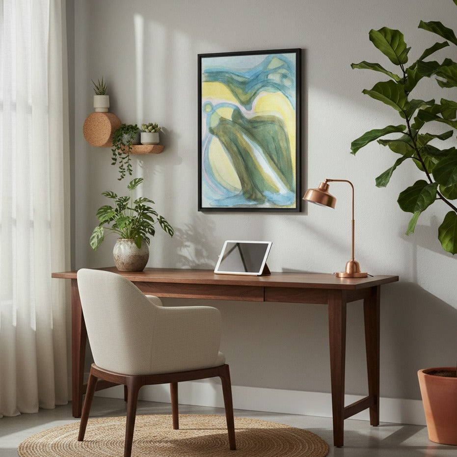 Home office with wooden desk, chair, and decorative elements - Bromont Media