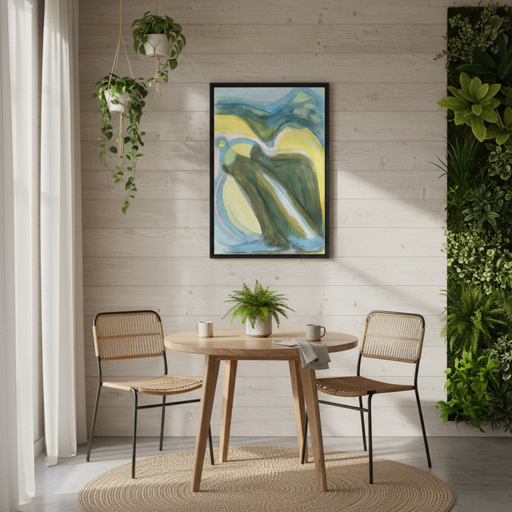 Dining area with a round table and chairs, plants, and a colorful abstract painting by Bromont Media on a wooden wall.