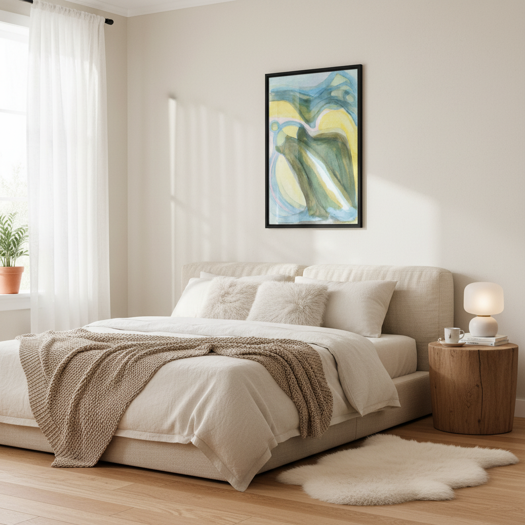 Modern bedroom with a bed, side table, and abstract painting on the wall by Bromont Media