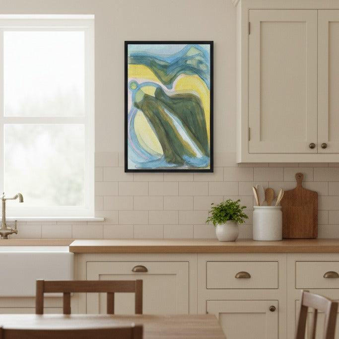 Kitchen interior with a colorful abstract painting on the wall by Bromont Media