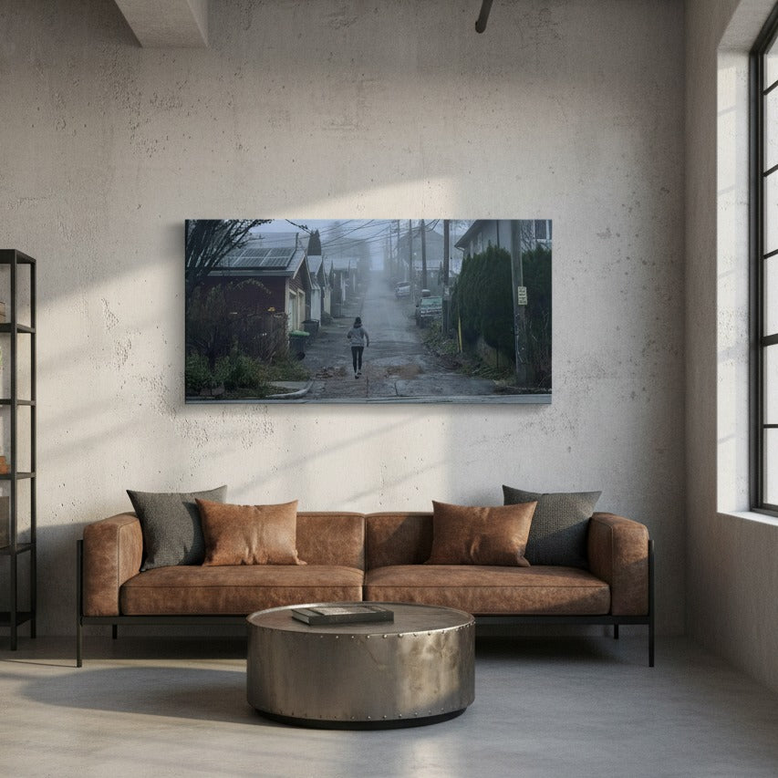 Misty Morning Run through Vancouver Streetscape - Canvas Print