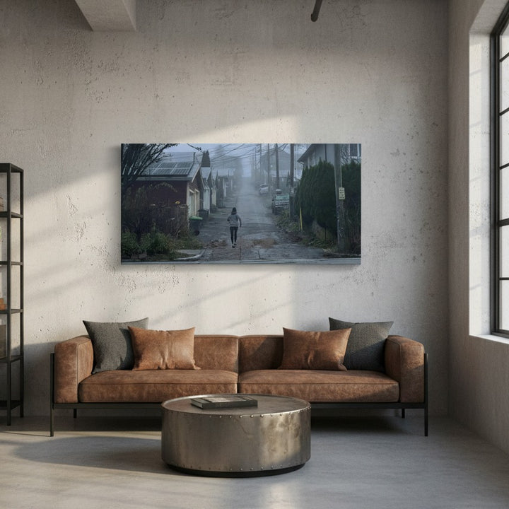 Misty Morning Run through Vancouver Streetscape - Canvas Print