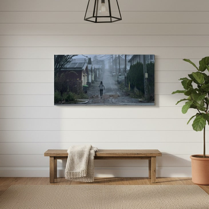 Misty Morning Run through Vancouver Streetscape - Canvas Print