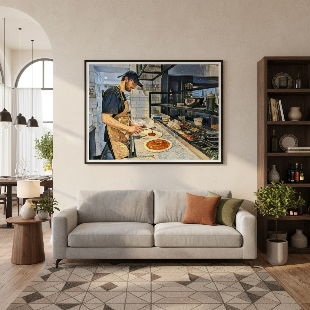 Framed artwork of a chef in a kitchen above a sofa in a living room - by Studio Shefford