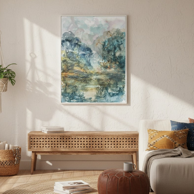 Living room with a large abstract landscape painting on the wall, wooden console table, and cozy seating area.