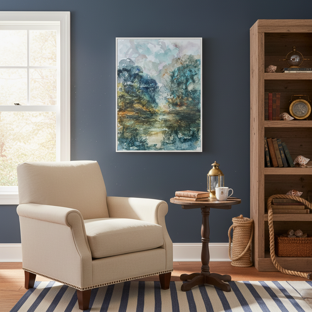 Beige armchair in a room with a blue wall, a painting, a side table, and a bookshelf - Bromont Media
