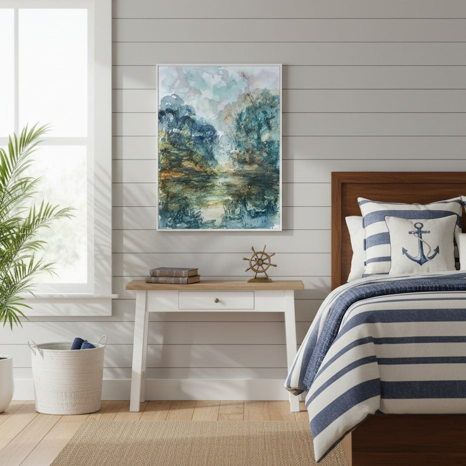 Nautical-themed bedroom with striped bedding, anchor pillow, and abstract art on the wall - Bromont Media