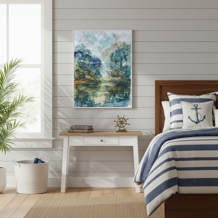 Nautical-themed bedroom with striped bedding, anchor pillow, and abstract art on the wall - Bromont Media