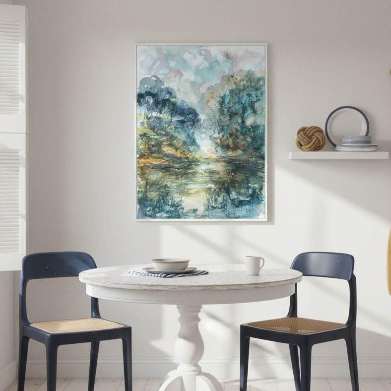 Dining room with a round table and chairs, featuring an abstract painting on the wall by Andrew Semple