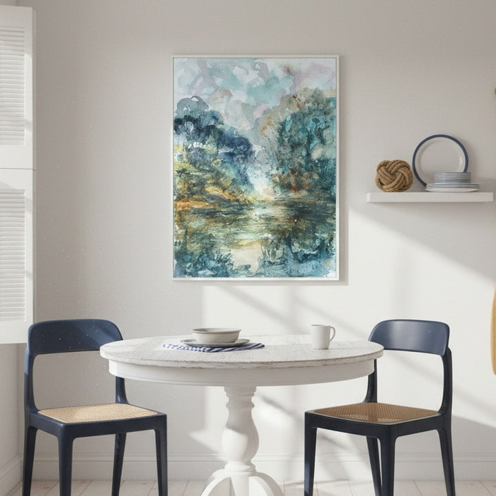 Dining room with a round table and chairs, featuring an abstract painting on the wall by Andrew Semple