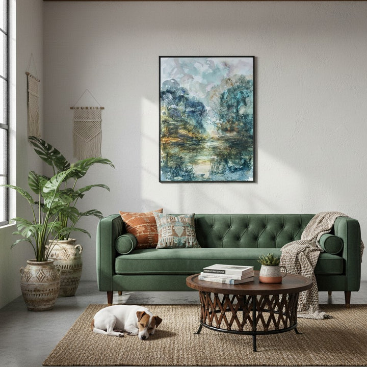 Living room with a green sofa, wooden coffee table, abstract painting by Andrew Semple and decorative items - Bromont Media