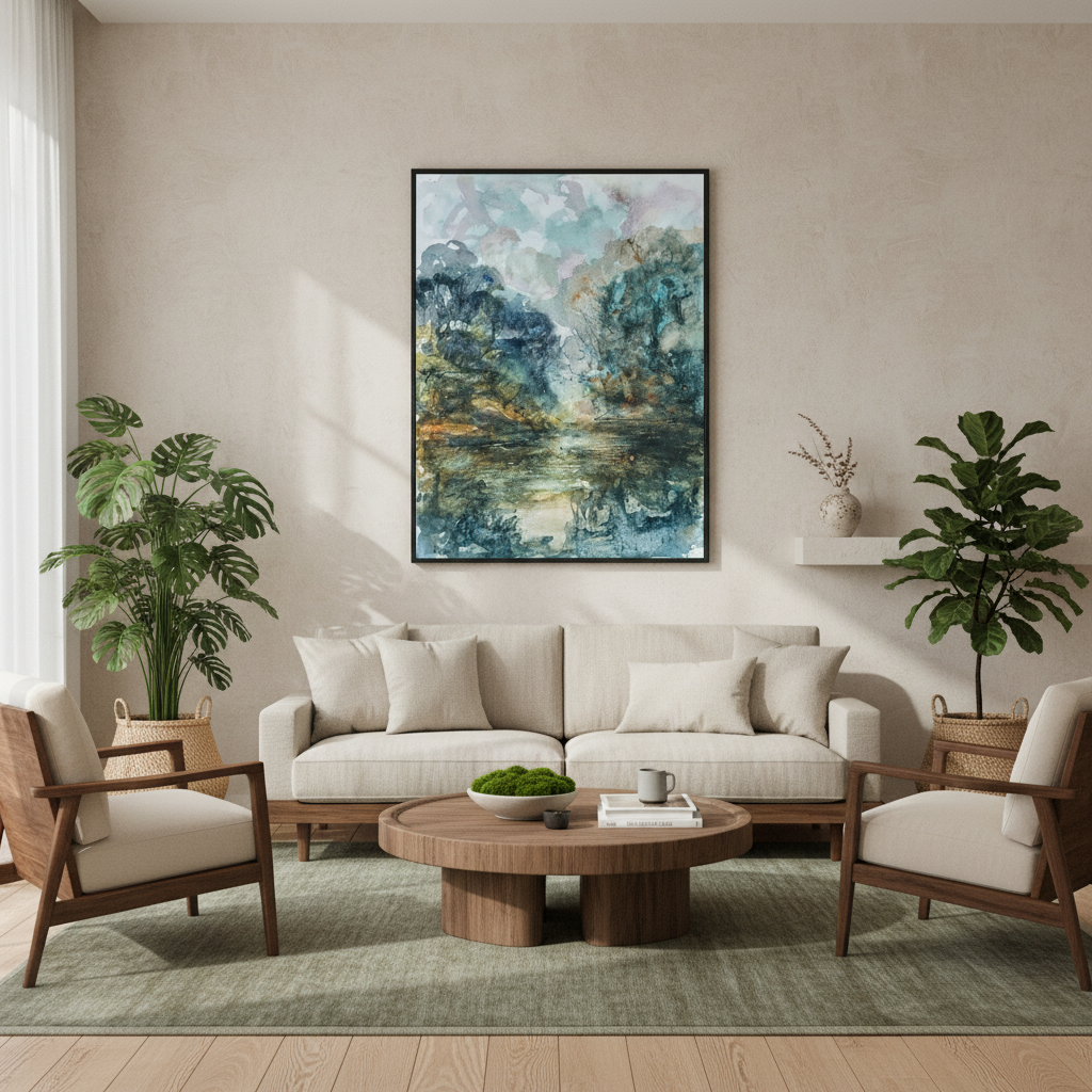 Modern living room with a beige sofa, wooden coffee table, and decorative plants.