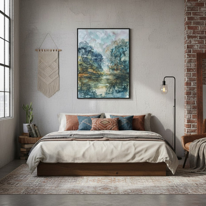 Bedroom with a bed, abstract painting, and decorative elements - Bromont Media