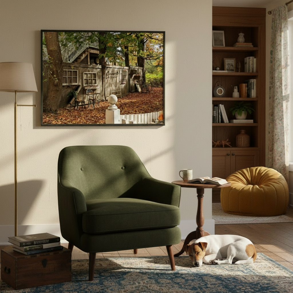 Cozy living room with a green armchair, yellow pouf, and framed art depicting a cabin - Bromont Media
