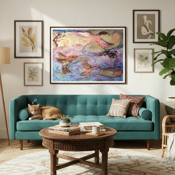 Aquarelle « Voyage vers l'éveil » - Impression de qualité supérieure encadrée en bois mat