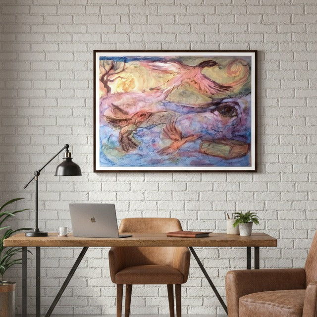 Aquarelle « Voyage vers l'éveil » - Impression de qualité supérieure encadrée en bois mat