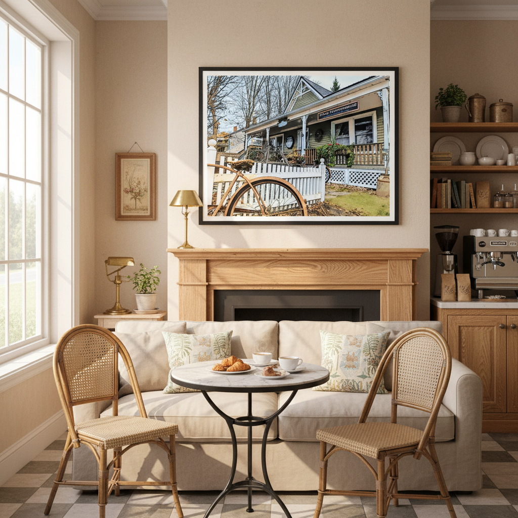 Living room with a fireplace, sofa, and decorative items - Bromont Media