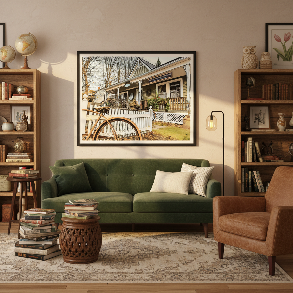 Living room with green sofa, brown armchair, and framed picture of a house with a white picket fence - Art from Studio Shefford on Bromont Media